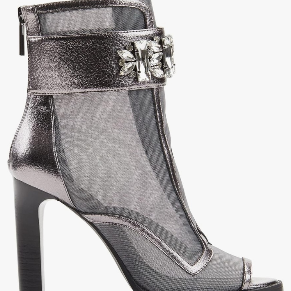 Metallic Gray Heeled Boots with Open Toe and Decorative Ankle Strap